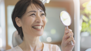 歯科恐怖症を克服し、ホワイトニング後の歯を笑顔で確認する札幌市新札幌エリアの女性患者のイメージ
