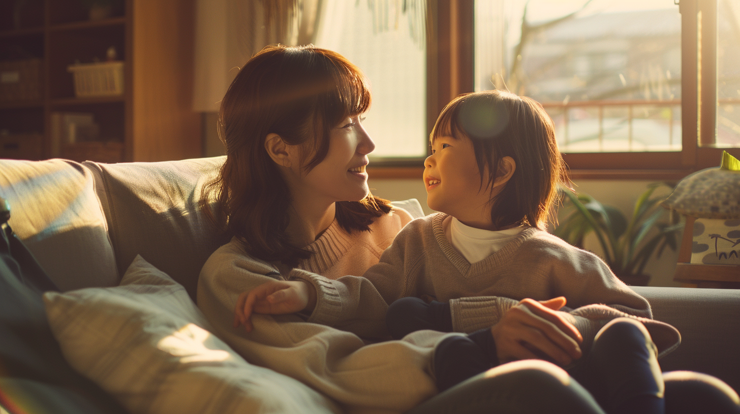 札幌・新札幌での小児矯正相談をイメージした、笑顔で寄り添う親子と温かな陽光。