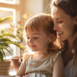 明るい日差しの中で微笑み合う親子。新札幌で小児矯正を検討する際の安心感と信頼を表現したイメージ。