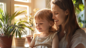 明るい日差しの中で微笑み合う親子。新札幌で小児矯正を検討する際の安心感と信頼を表現したイメージ。