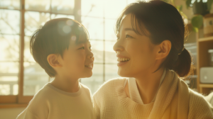 新札幌で小児矯正を検討する親子が、柔らかな自然光の中で笑顔で向き合う安心感のあるイメージ画像。