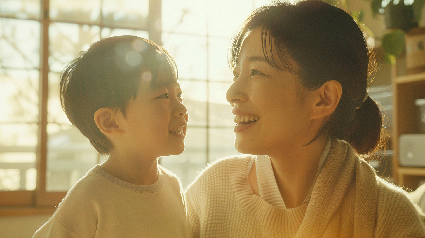 新札幌で小児矯正を検討する親子が、柔らかな自然光の中で笑顔で向き合う安心感のあるイメージ画像。