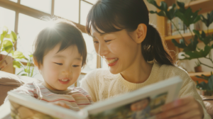 明るいリビングで笑顔を見せる親子。新札幌で小児矯正を検討する親御さまへ安心感を伝えるイメージ。