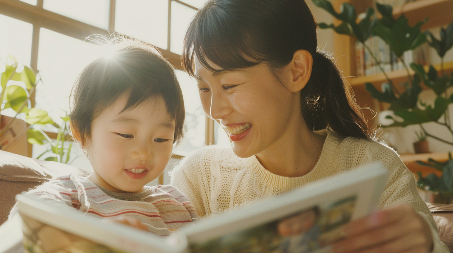 明るいリビングで笑顔を見せる親子。新札幌で小児矯正を検討する親御さまへ安心感を伝えるイメージ。