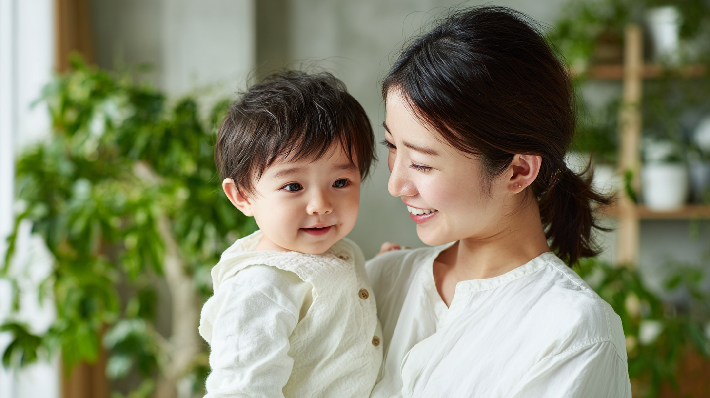 新札幌の清潔感ある歯科医院で、小児矯正の相談を笑顔で行う親子と、温かい自然光が差し込む院内風景