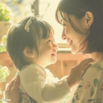 新札幌での小児矯正を検討する親子が、明るい光の中で笑顔で見つめ合う安心感のある風景