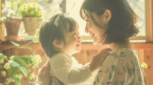 新札幌での小児矯正を検討する親子が、明るい光の中で笑顔で見つめ合う安心感のある風景