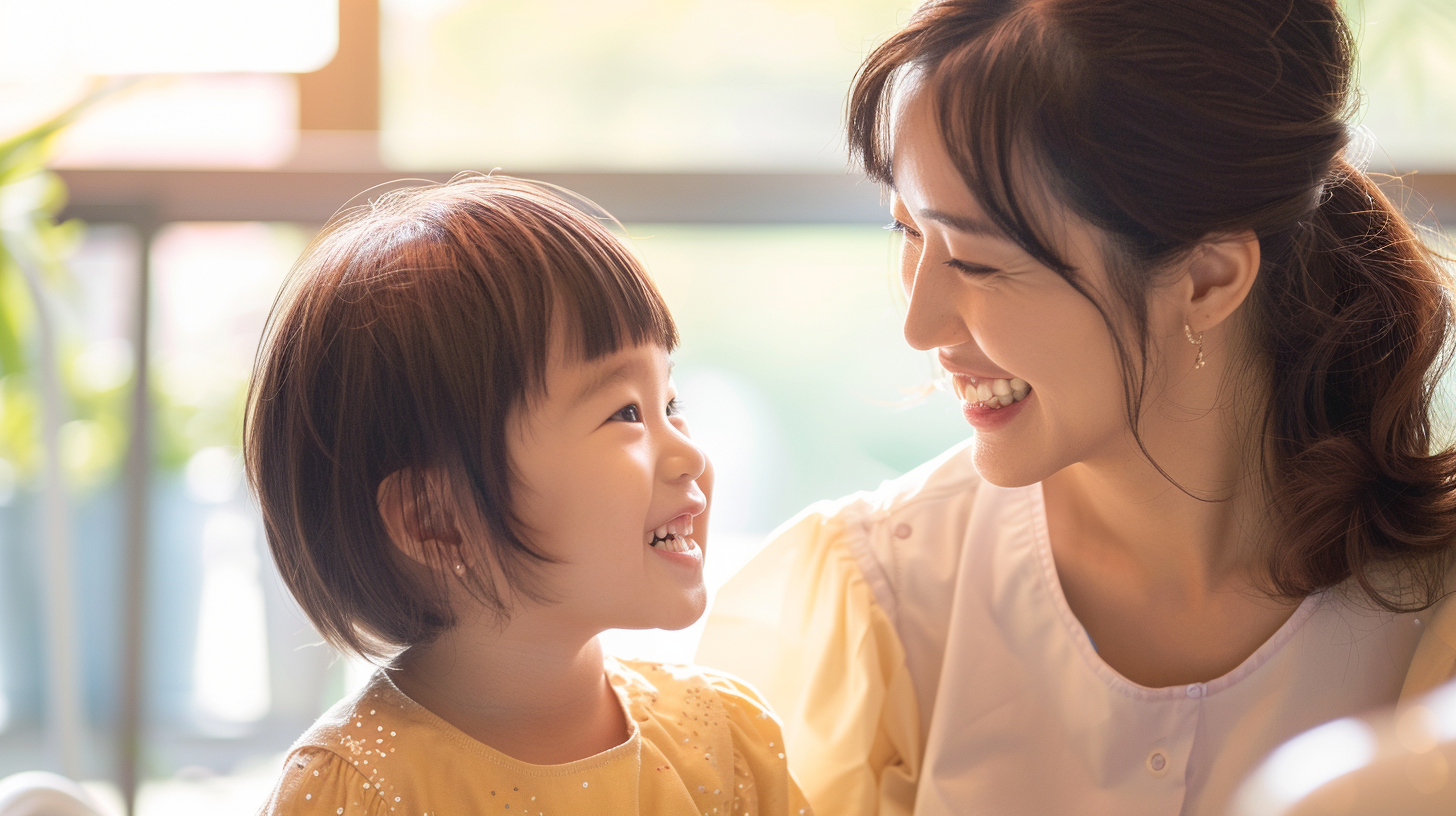 新札幌の歯科医院で小児矯正の相談をしながら、笑顔で向き合う母親と子供の安心した様子。