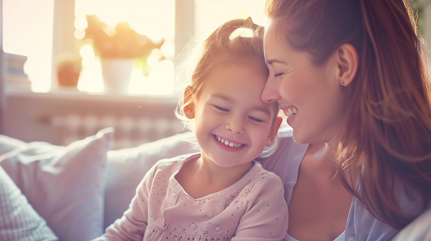 新札幌で小児矯正を検討する親子が、明るい光の中で笑顔で向き合う安心感のあるイメージ画像