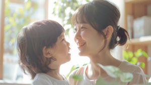 明るい日差しの中で微笑む親子。新札幌での小児矯正を通じたお子さんの健やかな成長と安心感を表現。