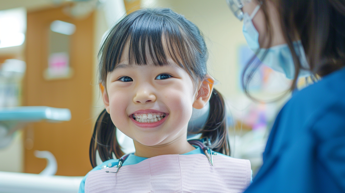 明るい歯科医院で笑顔を見せる親子。北広島・札幌での小児矯正の相談時期と安心感を表現したイメージ。
