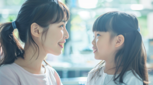 明るい歯科医院で笑顔で見つめ合う親子。札幌での小児矯正と抜歯を避けるための相談をイメージ。