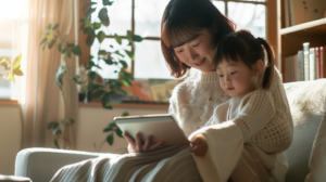 明るい室内で笑顔で寄り添う親子。新札幌での小児矯正を検討する保護者へ安心感を伝えるイメージ。