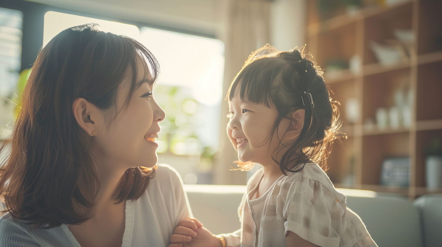 新札幌での小児矯正を検討する親子が笑顔で向き合う、安心感と明るい未来をイメージした温かい写真