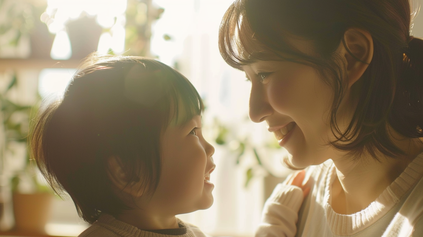 明るい日差しの中で微笑み合う親子。新札幌・北広島での小児矯正を検討する際の安心感を表現したイメージ。