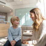 新札幌・北広島の明るく清潔な歯科医院で、小児矯正の相談を前に安心した表情で微笑み合う親子。