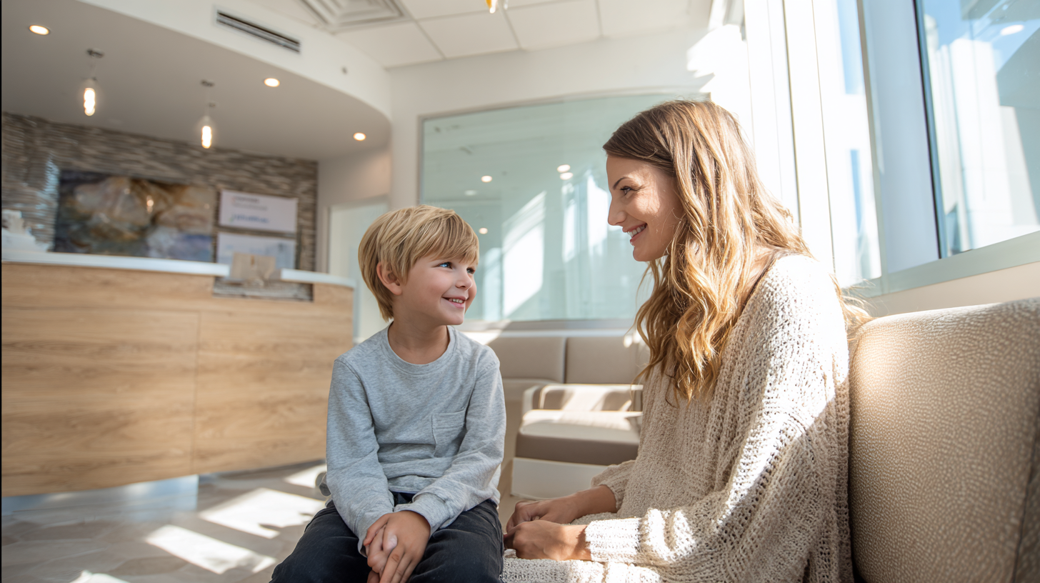 新札幌・北広島の明るく清潔な歯科医院で、小児矯正の相談を前に安心した表情で微笑み合う親子。