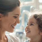 新札幌の明るい歯科医院で、小児矯正の相談を終えて安心した表情で微笑み合う親子