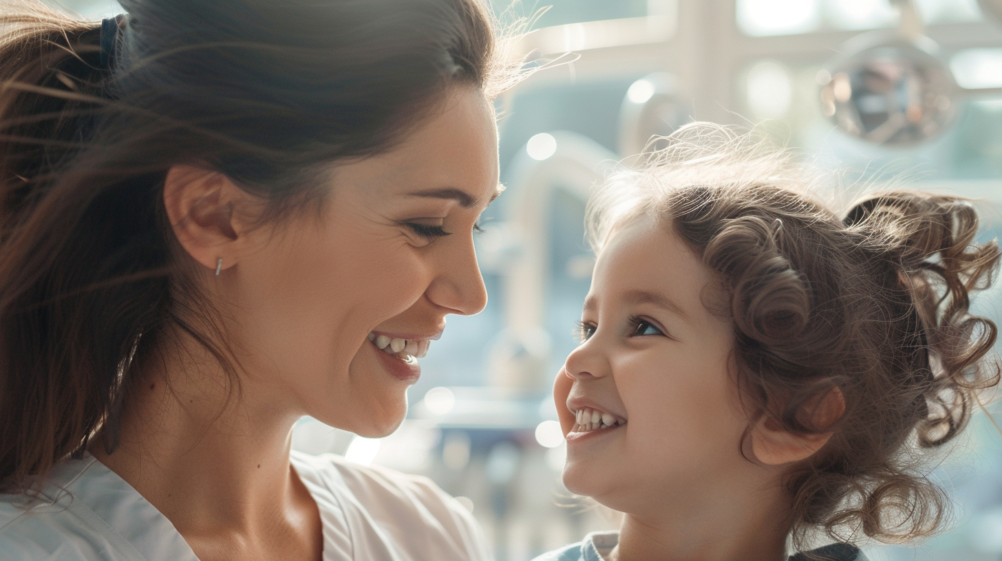 新札幌の明るい歯科医院で、小児矯正の相談を終えて安心した表情で微笑み合う親子