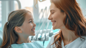 札幌市・新札幌での小児矯正を検討する親子が、明るく清潔感のある歯科医院で安心した表情を見せる様子