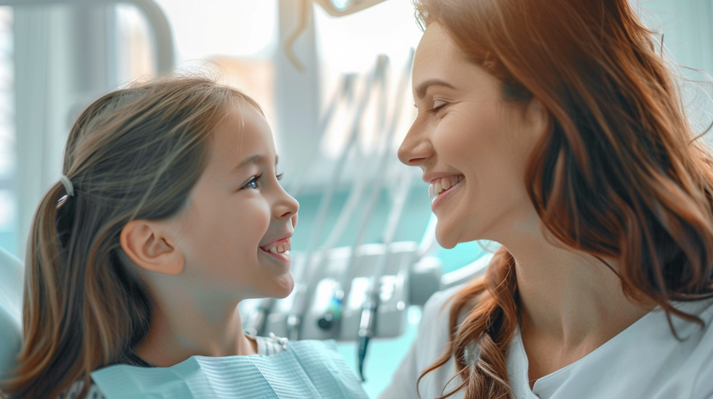 札幌市・新札幌での小児矯正を検討する親子が、明るく清潔感のある歯科医院で安心した表情を見せる様子