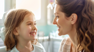 新札幌駅近くの明るい歯科医院で、小児矯正の相談を受けて親子で安心した表情を見せる様子