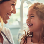 新札幌の明るい歯科医院で、小児矯正の相談を終えて安心した表情で語り合う親子の様子