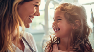 新札幌の明るい歯科医院で、小児矯正の相談を終えて安心した表情で語り合う親子の様子