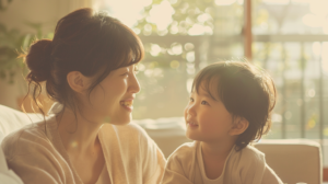 自然光が入る明るい部屋で、新札幌での小児矯正を検討し安心した表情を浮かべる親子