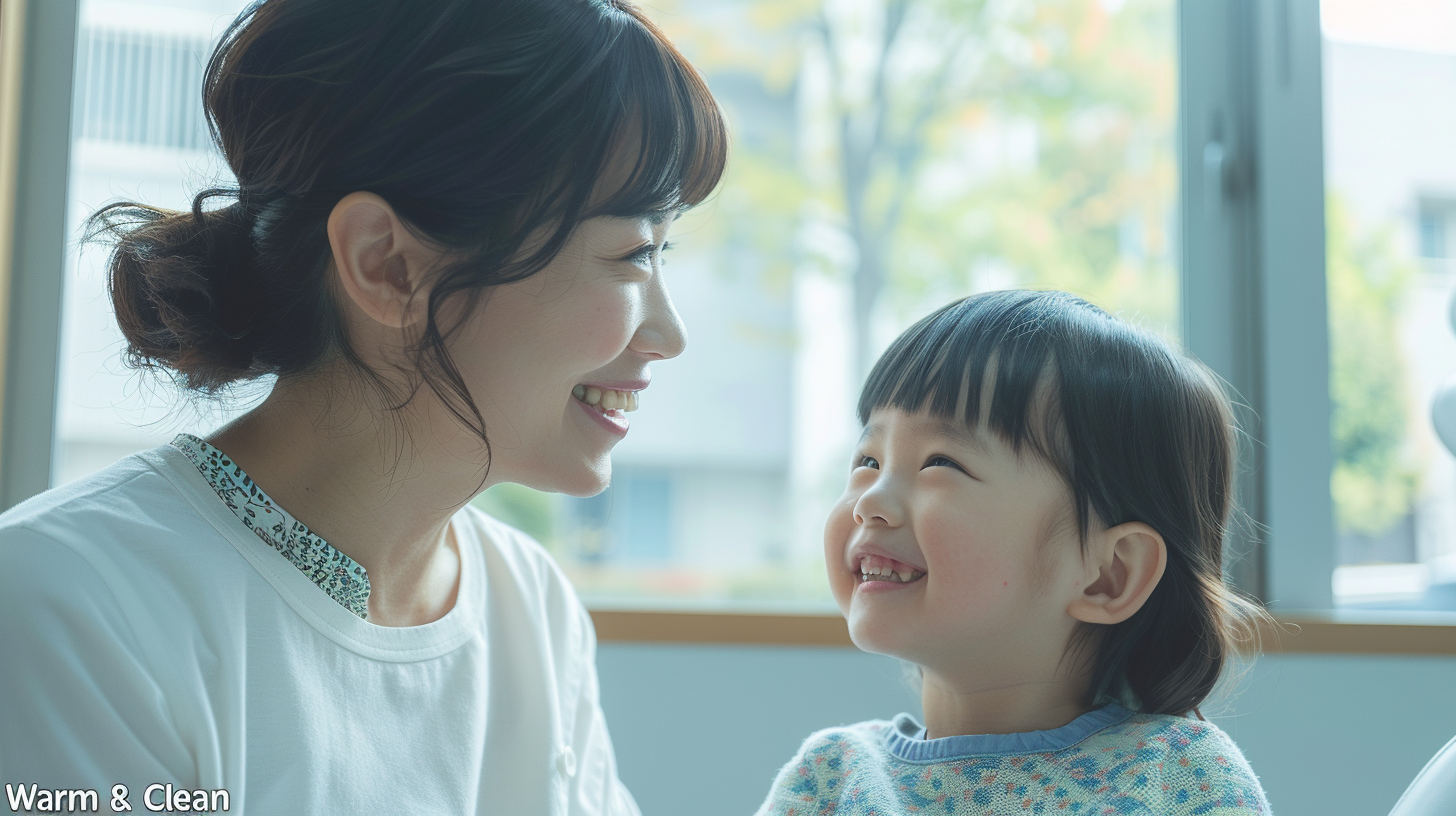 札幌の明るい歯科医院で、小児矯正の相談をしながら笑顔で向き合う親子。安心感と清潔感のある風景。