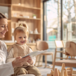 明るく清潔な歯科医院で、小児矯正について安心して相談し笑顔を見せる母親と専門スタッフの様子。