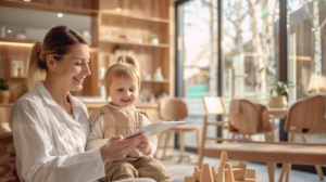 明るく清潔な歯科医院で、小児矯正について安心して相談し笑顔を見せる母親と専門スタッフの様子。