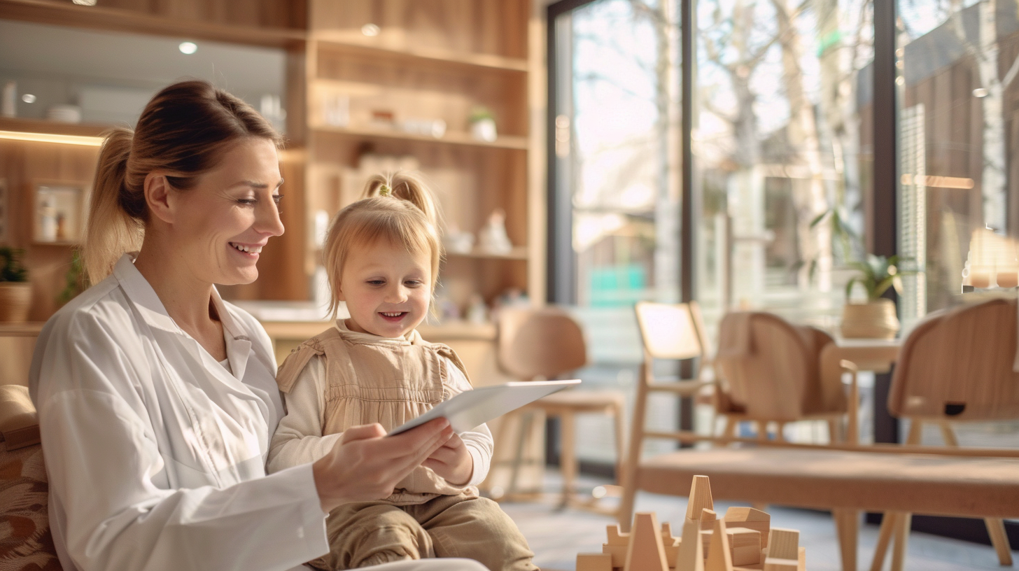 明るく清潔な歯科医院で、小児矯正について安心して相談し笑顔を見せる母親と専門スタッフの様子。