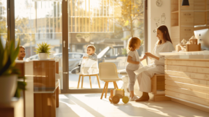 新札幌の明るい歯科医院で、小児矯正の相談をしながら笑顔で話す親子と歯科医師の様子。