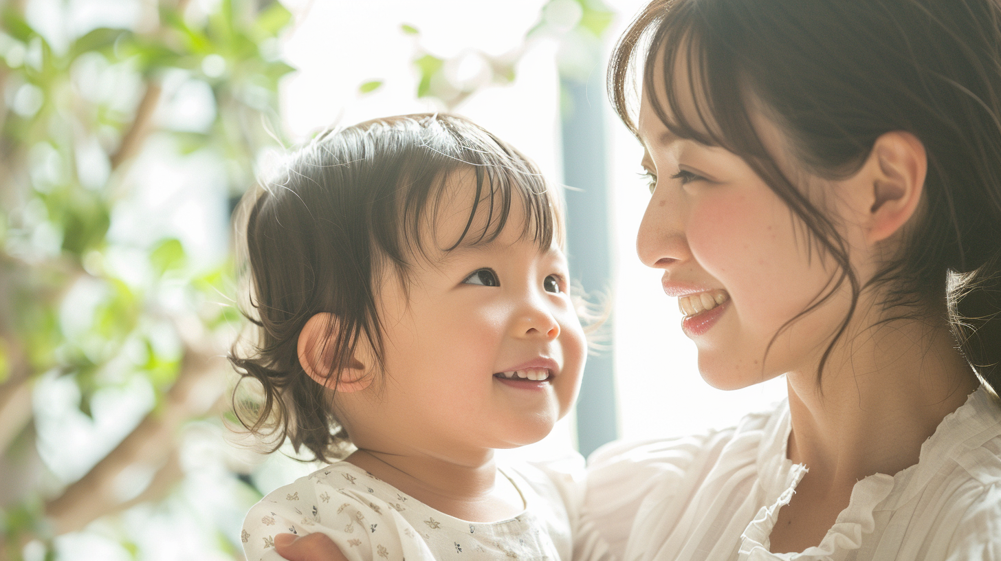 明るい歯科医院で笑顔を見せる親子。新札幌・北広島での小児矯正や反対咬合の相談をイメージ。