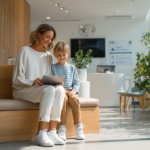 新札幌の歯科医院で小児矯正の相談をしながら、笑顔で将来の歯並びについて話し合う親子。