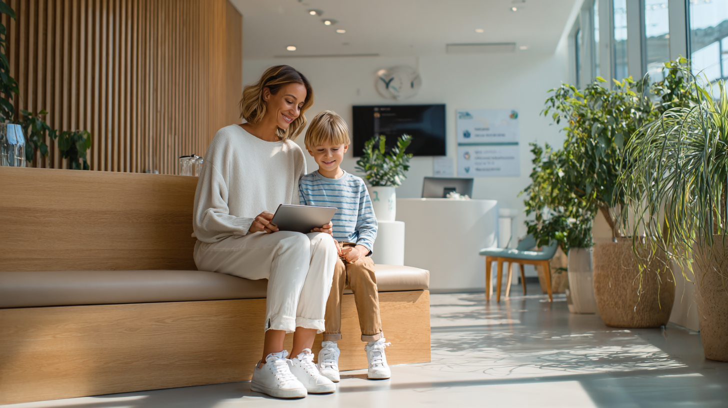 新札幌の歯科医院で小児矯正の相談をしながら、笑顔で将来の歯並びについて話し合う親子。