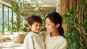 新札幌の明るい歯科医院で、小児矯正の相談を前に笑顔で過ごす親子。安心感のある温かい雰囲気。