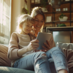 新札幌の明るい歯科医院で、小児矯正についてリラックスして相談する親子と温かい光の風景。