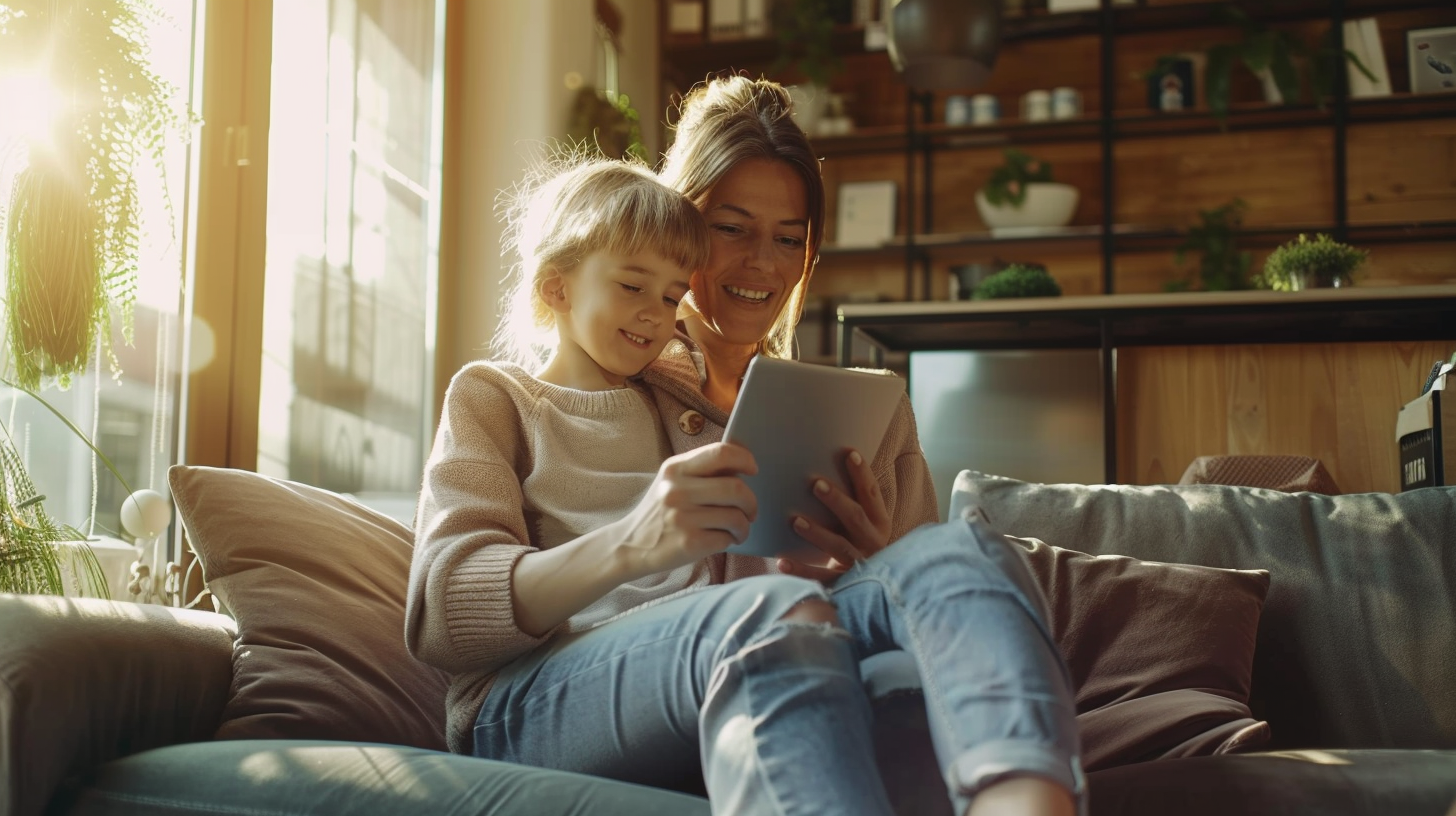 新札幌の明るい歯科医院で、小児矯正についてリラックスして相談する親子と温かい光の風景。