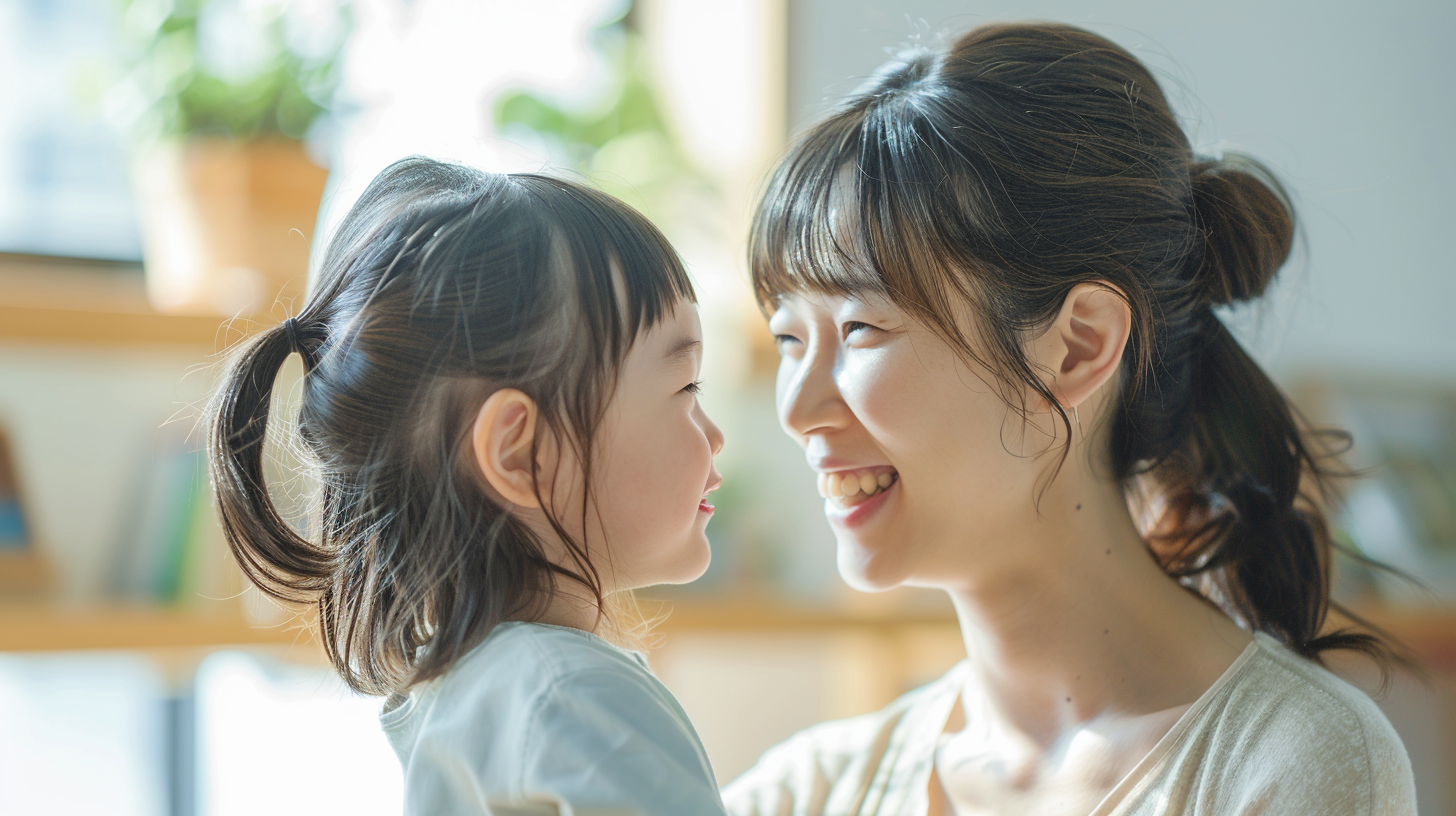 新札幌の明るい歯科医院で、小児矯正の相談を前に笑顔で向き合う親子と温かい自然光の風景