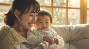 北広島・新札幌での小児矯正相談をイメージした、笑顔で向き合う親子と温かい自然光の風景