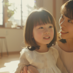 明るい日差しの中で微笑み合う親子。新札幌での小児矯正を通じた安心感と健やかな成長をイメージ。