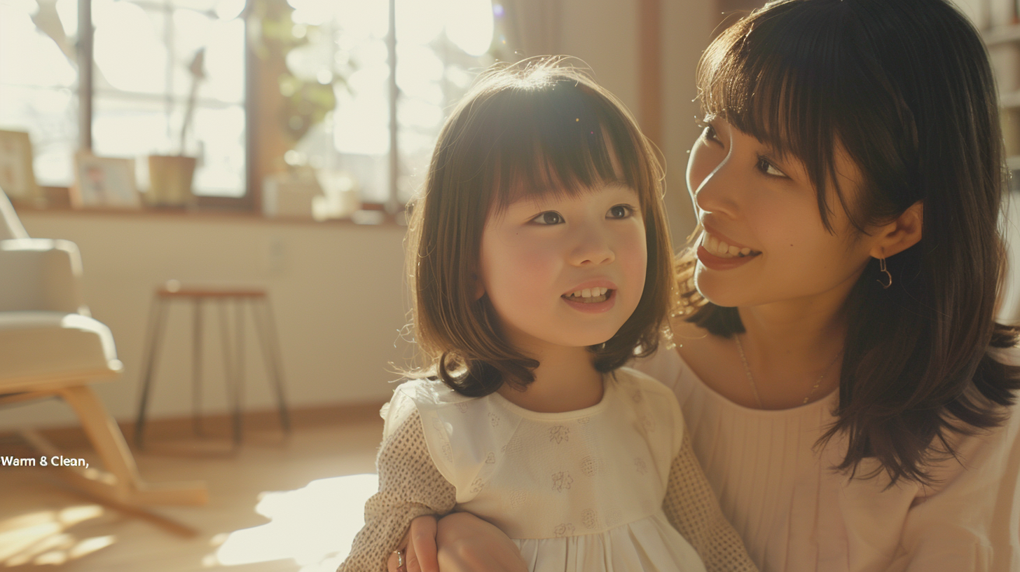 明るい日差しの中で微笑み合う親子。新札幌での小児矯正を通じた安心感と健やかな成長をイメージ。