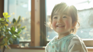 札幌の明るい歯科医院で、小児矯正の相談を終えて笑顔で寄り添う親子と、温かい自然光の風景。