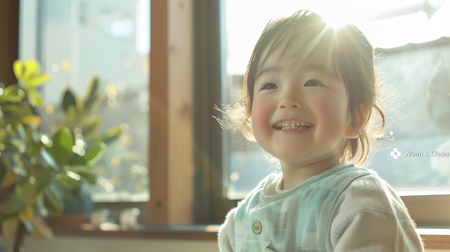 札幌の明るい歯科医院で、小児矯正の相談を終えて笑顔で寄り添う親子と、温かい自然光の風景。