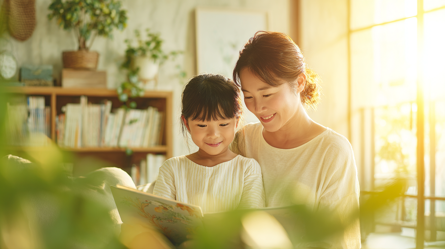 明るい日差しの中で笑顔で過ごす親子。新札幌・北広島での小児矯正相談をイメージした安心感のある風景。