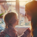 明るい日差しが入る歯科医院で、新札幌の小児矯正について相談し、笑顔で向き合う親子と安心感のある風景。