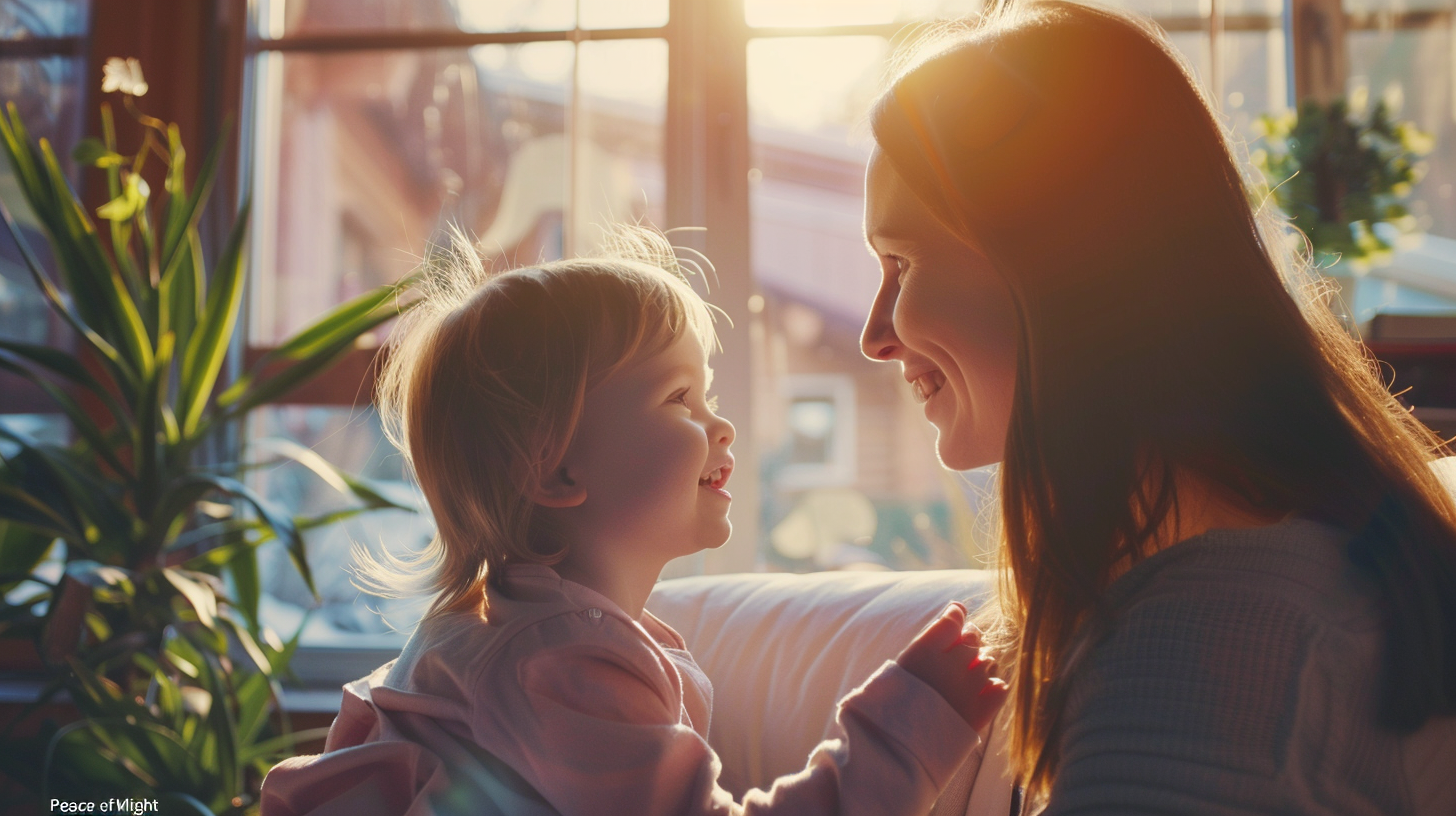 明るい日差しが入る歯科医院で、新札幌の小児矯正について相談し、笑顔で向き合う親子と安心感のある風景。