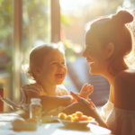 明るいダイニングで食事を楽しむ親子。新札幌での小児矯正と噛み合わせ、食事の関係を象徴する一枚。